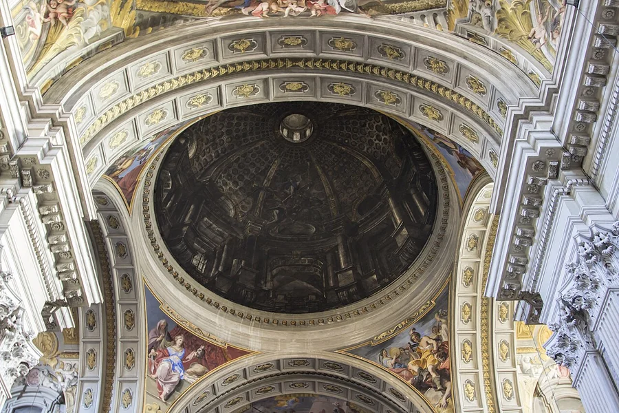 The painted false dome in Sant’Ignazio, Rome, photographed from a viewpoint that makes it appear to rise above the ceiling.