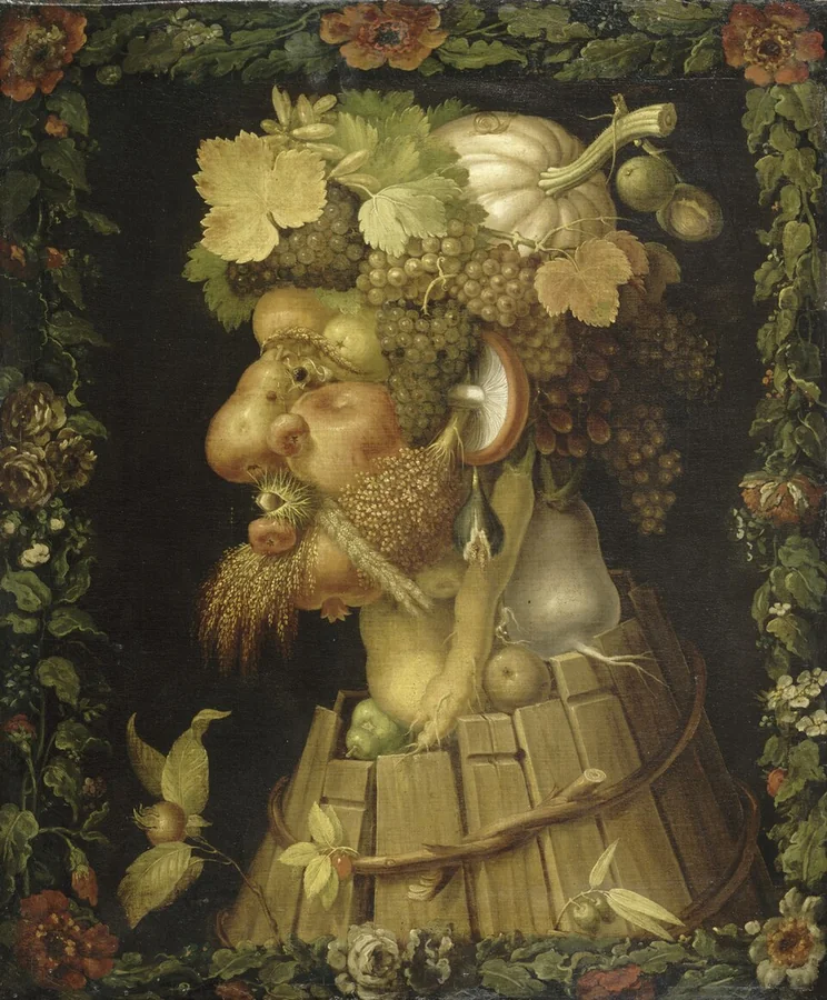 Autumn — The Four Seasons — Harvest produce assembles into an autumnal face.