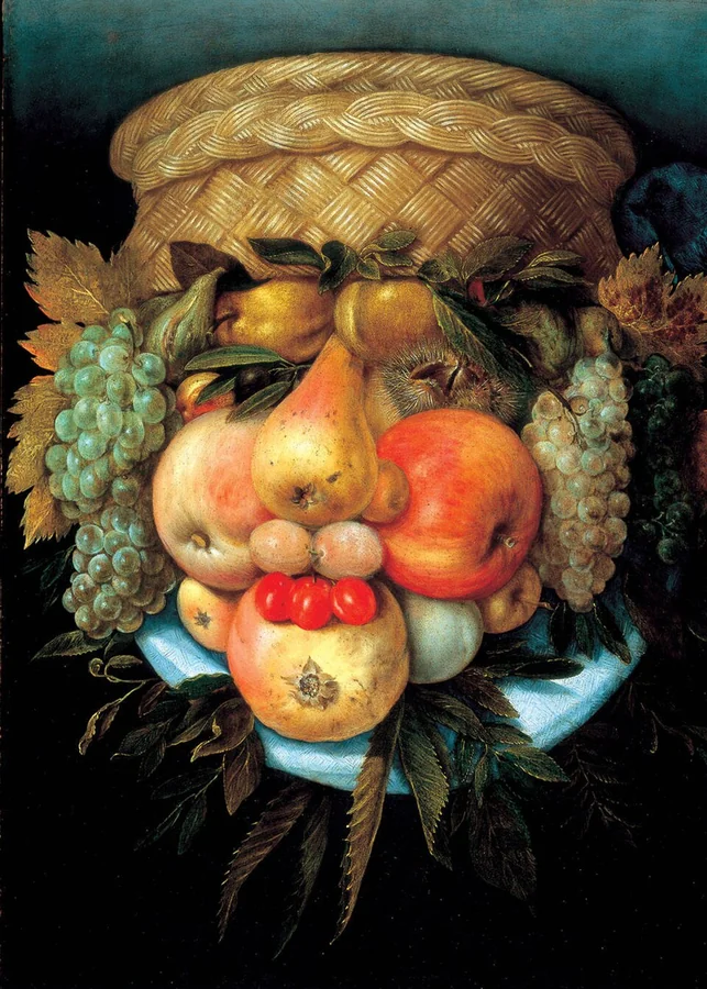 Reversible Head with Basket of Fruit — A fruit basket doubles as a portrait when inverted.