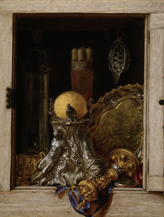 Silverware in an Open Cabinet — A painted cabinet appears to hold real silverware.