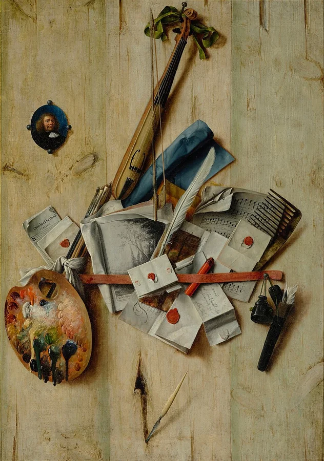 A violin, papers, painting tools, and a miniature portrait arranged as trompe-l’œil.