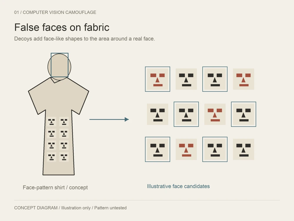 Concept diagram of a person wearing a face-pattern shirt beside an enlarged grid of abstract faces, with illustrative blue candidate boxes.