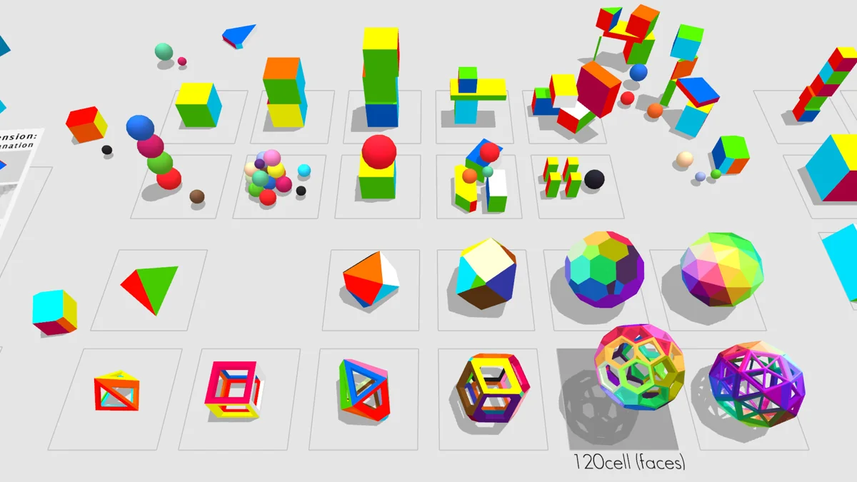 A tabletop filled with colorful cross-sections of four-dimensional objects.