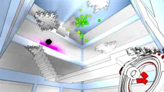 A white room with branching paths, colored objects, and the player’s cube gun.