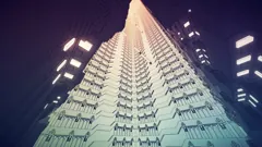 Repeated white architectural forms extending through an immense interior.