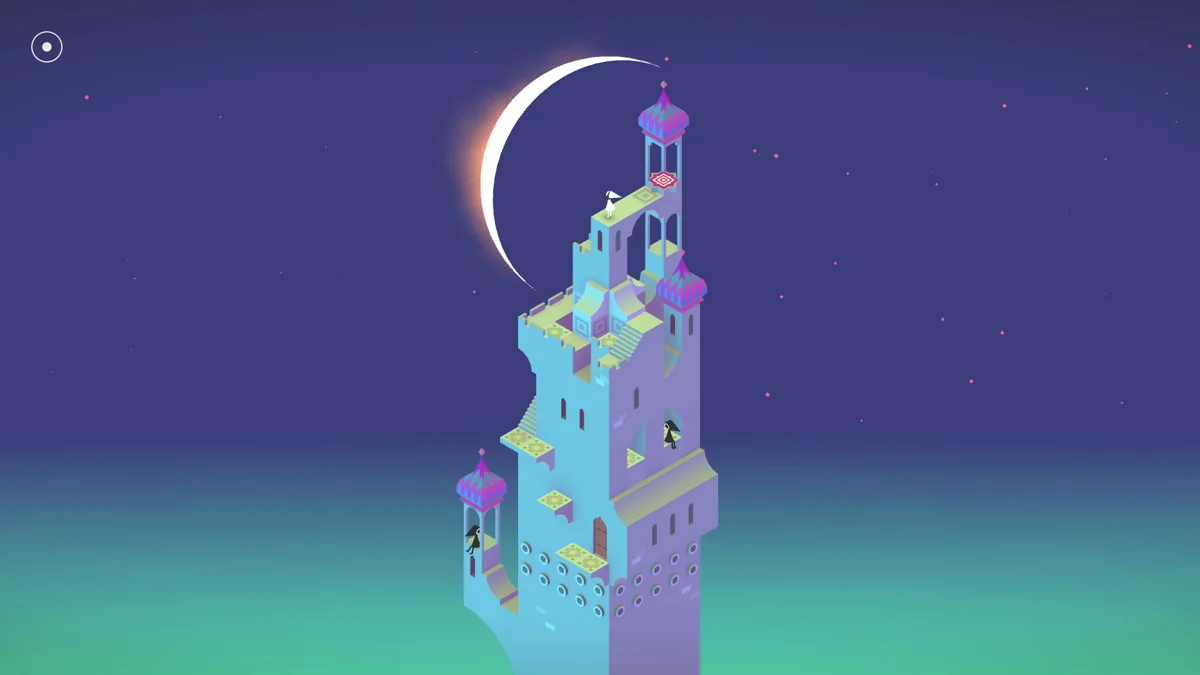 Ida on a tall pastel monument beneath a crescent moon.