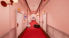 An oversized red object in a narrow dreamlike corridor.