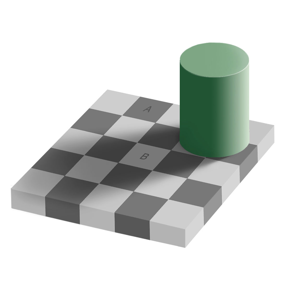 A green cylinder casts a shadow over a checkerboard; squares A and B appear different in shade despite having the same grey value.