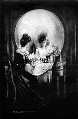 A black-and-white drawing of a woman at a dressing table; her reflection and the surrounding objects also form a skull.