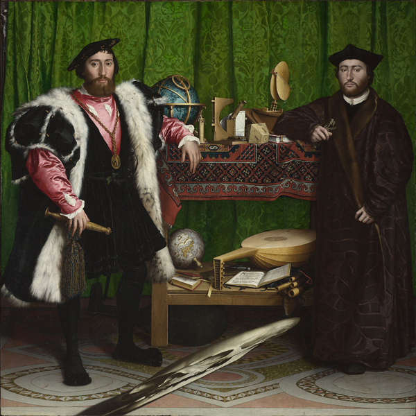 Holbein’s The Ambassadors: two standing men flank a table of instruments, with a stretched skull across the foreground.