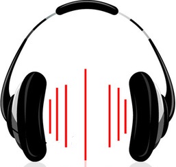 A black pair of headphones surrounding red lines representing sound waves.