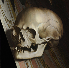 The anamorphic skull from The Ambassadors shown from its revealing oblique viewpoint.
