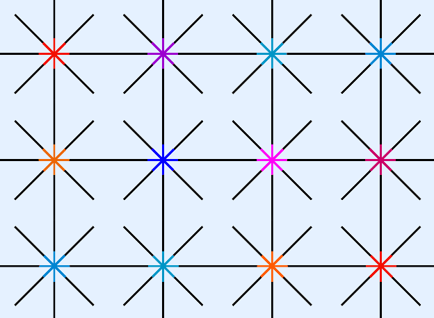 Radial black lines with coloured central segments suggest softly coloured regions around their intersections.