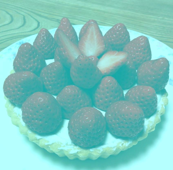 A photograph of strawberries on a plate under a cyan tint, used to demonstrate colour constancy.
