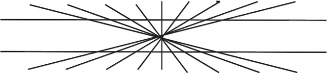 Two parallel black horizontal lines cross a fan of radiating black lines.