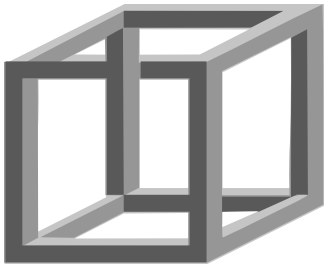 A shaded cube frame with edges that appear to connect in an impossible way.