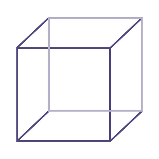 A transparent line drawing of a cube whose near and far faces can exchange roles in perception.