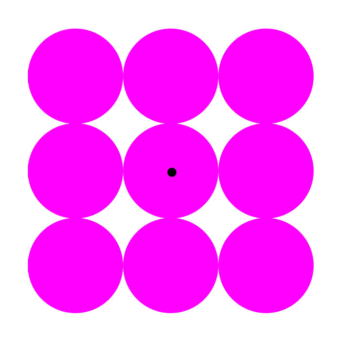 Nine bright magenta discs arranged in a three-by-three square for an afterimage demonstration.