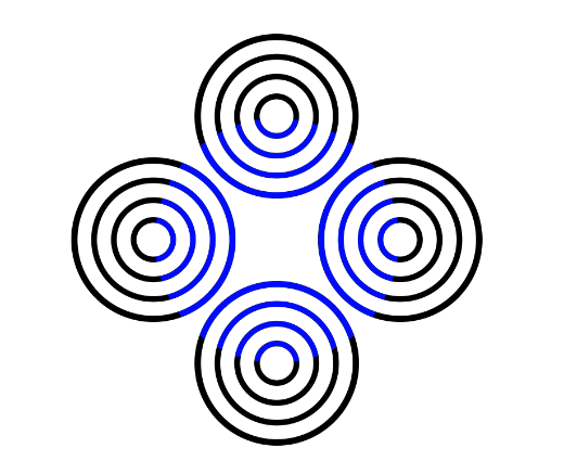 Four sets of concentric circles with blue inner arcs that suggest a pale blue central region.