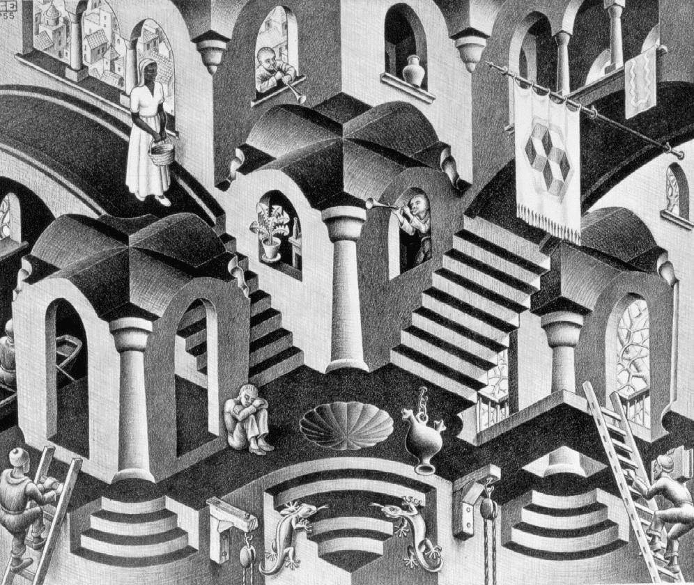 Escher’s Relativity: figures use staircases oriented to different directions of gravity.