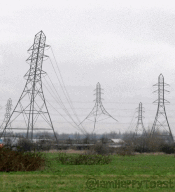 An animated scene of electricity pylons in a field, including the apparent movement used in the Skipping Pylon demonstration.