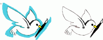 Dove drawings with differing cyan surrounds show how context changes the apparent interior colour.