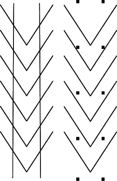 A vertical line and repeated V-shaped line groups with black dots in a Zöllner illusion variation.