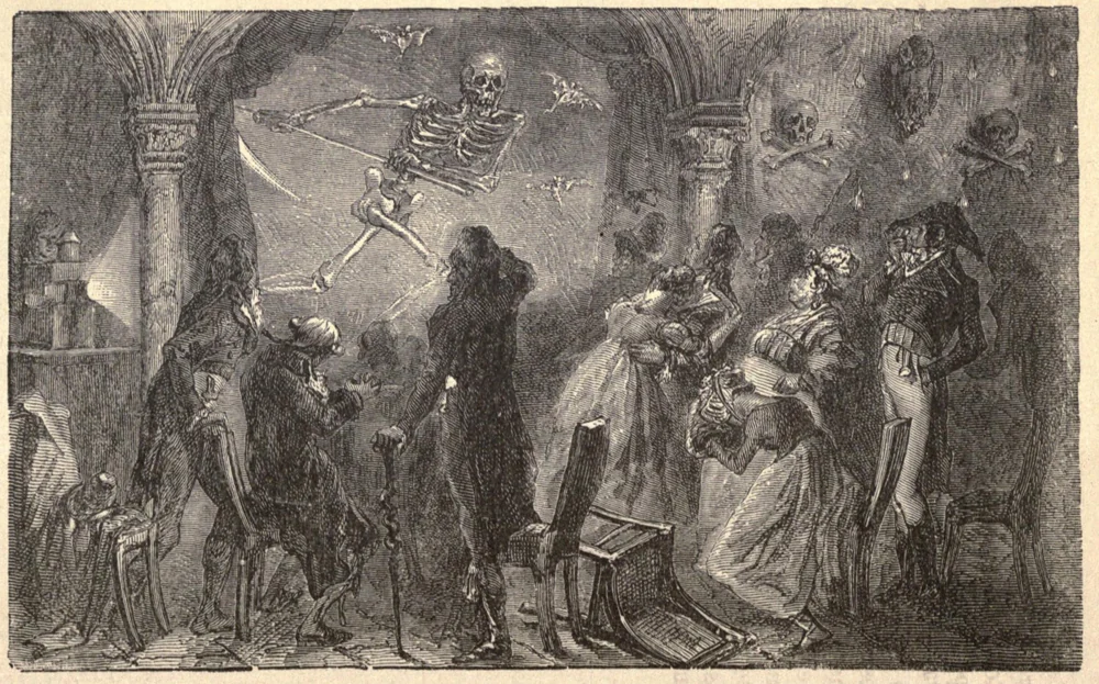 An 1867 illustration of Robertson’s phantasmagoria, with ghostly figures above the audience.