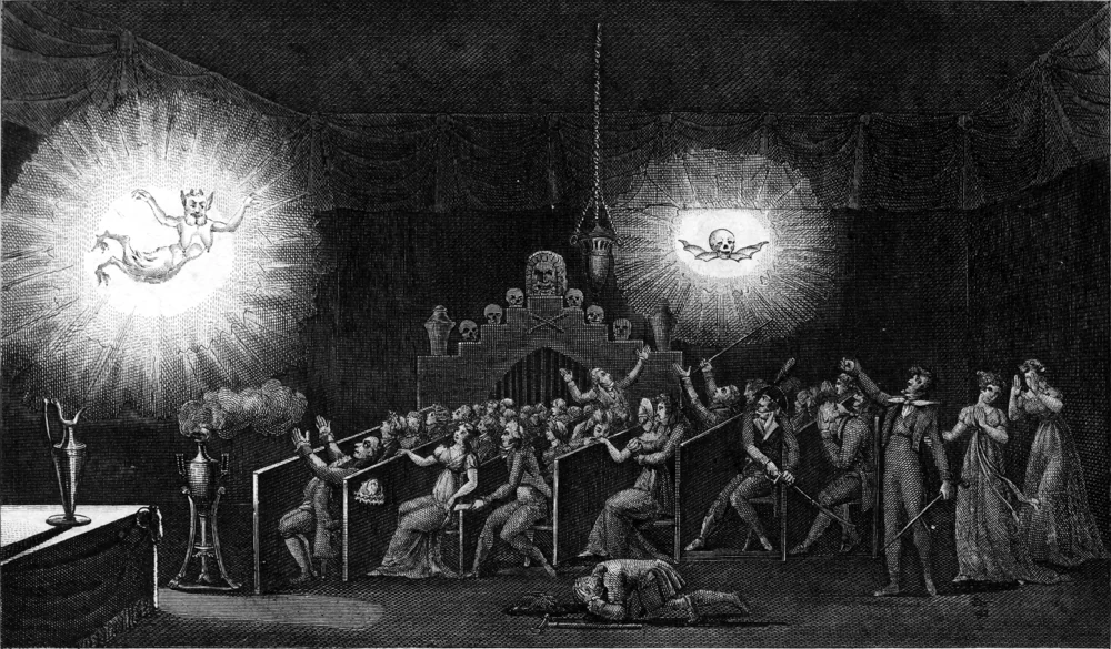 Historical engraving showing Robertson’s phantasmagoria, with lantern operators, an apparition and spectators in a dark theatrical setting.